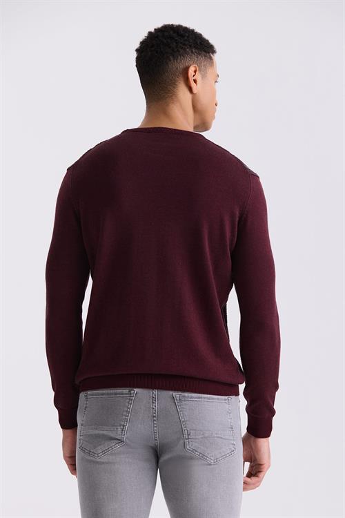 Bordo Slim Fit Bisiklet Yaka Çizgi Desenli Triko Kazak