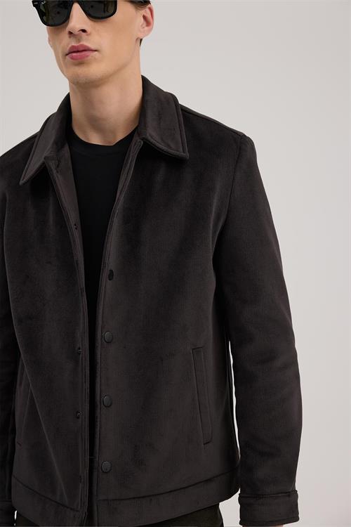 Antrasit Comfort Fit Gömlek Yaka Kadife Mont