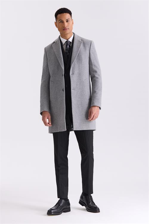Gri Comfort Fit Mono Yaka Yan Cep Kaşe Kaban