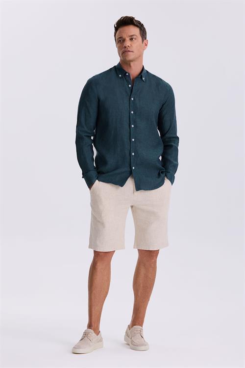 Haki %100 Keten Düğmeli Yaka Comfort Fit Gömlek