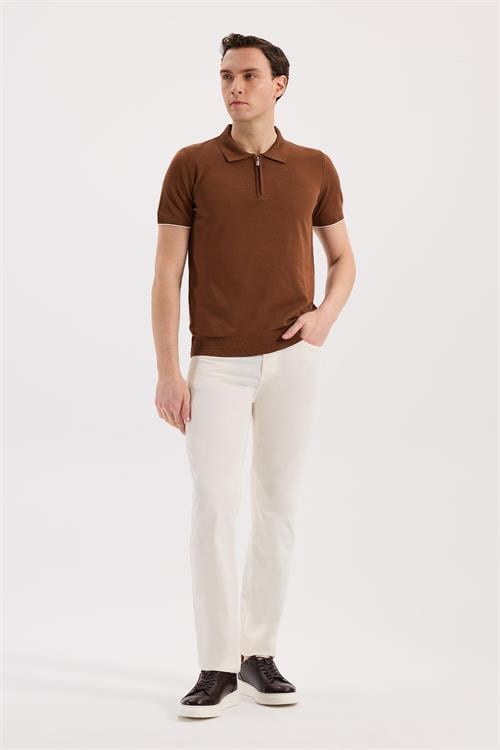 Turuncu Dar Kalıp - Slim Fit T-Shirt Polo Yaka Fermuarlı