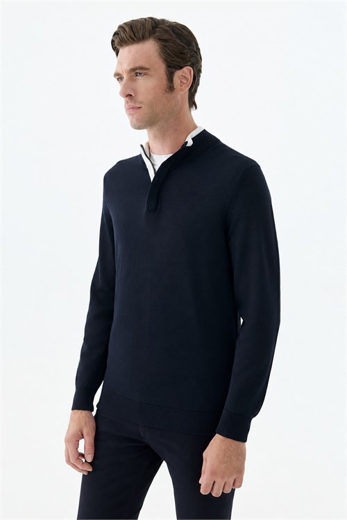 Lacivert Slim Fit Yünlü Fermuarlı Triko