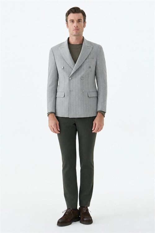 Gri Slim Fit Dik Yaka Kruvaze Ceket
