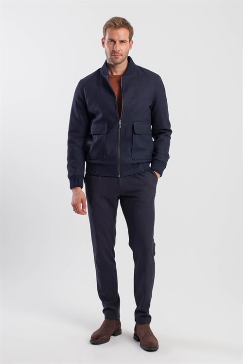 Lacivert Comfort Fit Kolej Yaka Çizgili Mont