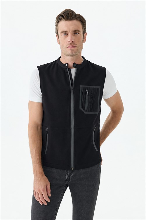 Siyah Slim Fit Cepli Pamuklu Yelek