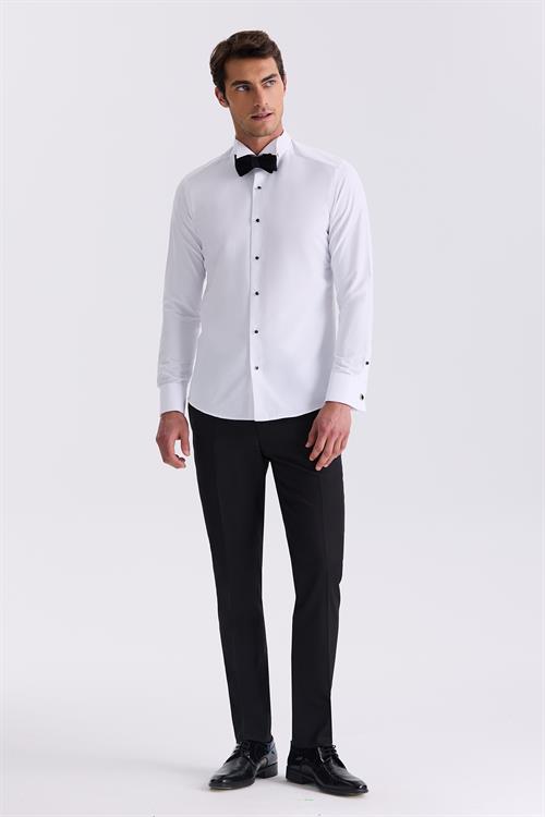 Beyaz Slim Fit Ata Yaka Double Manşet  Gömlek