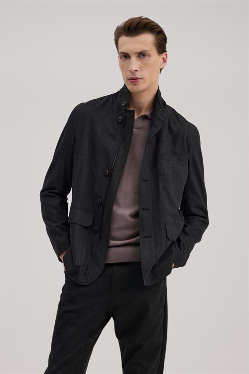 Antrasit Dar Kalıp - Slim Fit Ceket Mont Patlı
