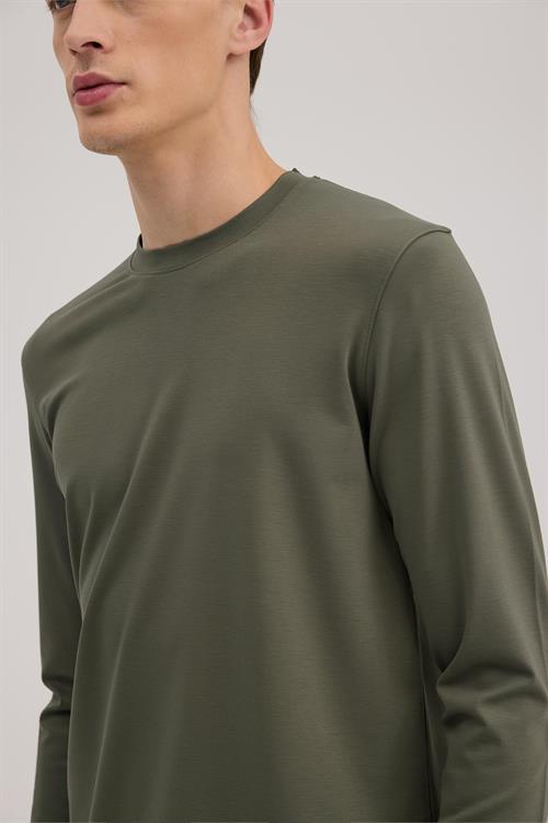 Haki Slim Fit Bisiklet Yaka Rayon Uzun Kollu Basic T-Shirt