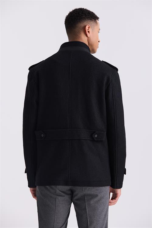 Siyah Slim Fit Hakim Yaka Apoletli Desenli Spor Kaşe Kaban