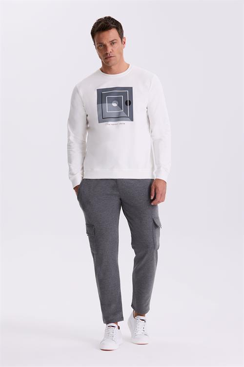 Ekru Slim Fit Bisiklet Yaka Baskılı %100 Pamuk Sweatshirt