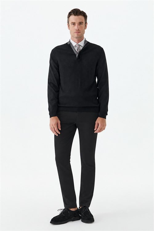 Siyah Slim Fit Yünlü Fermuarlı Triko