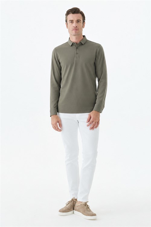 Haki Slim Fit Polo Yaka Sweatshirt