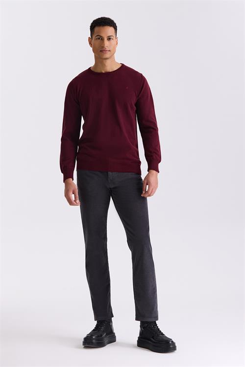 Bordo Slim Fit Bisiklet Yaka Triko Kazak