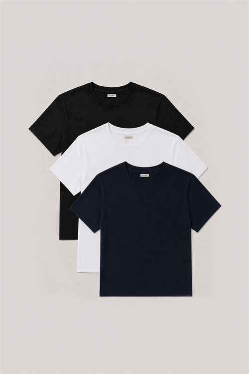 3lü Paket Basic Slim Fit Siyah Beyaz Lacivert %100 Pamuk Bisiklet Yaka T-Shirt