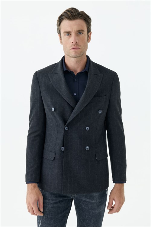 Lacivert Slim Fit Dik Yaka Kruvaze Ceket