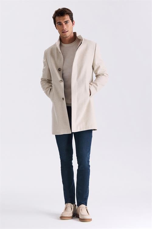 Bej Slim Fit Dik Yaka Balık Sırtı Desenli Yünlü Spor Kaban