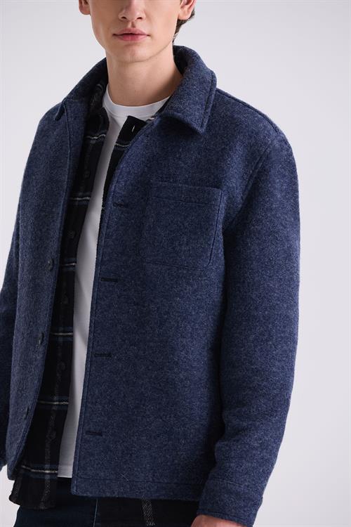 Lacivert Slim Fit Berberi Yaka Yünlü Kaşe Kaban