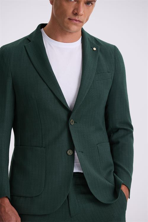 Haki Slim Fit Mono Yaka Çift Yırtmaç Desenli Torba Cepli Takım Elbise