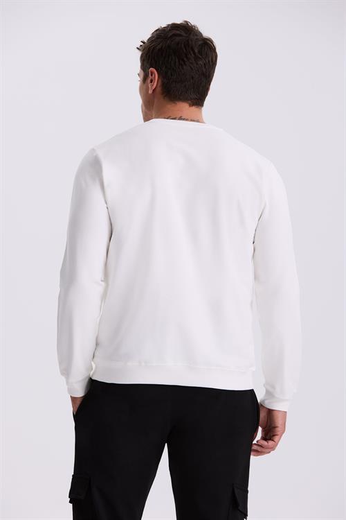 Beyaz Slim Fit Bisiklet Yaka Dar Kesim Baskılı %100 Pamuk Sweatshirt