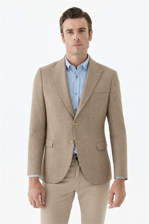 Bej Slim Fit Ceket Sivri Yaka Ekoseli Ceket