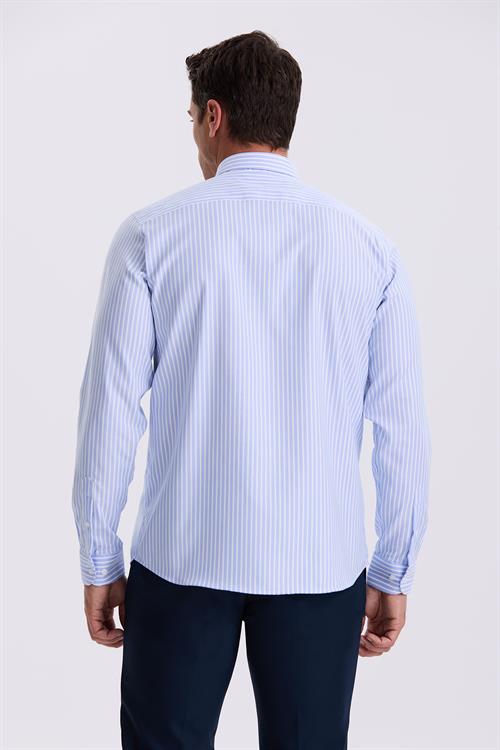 Mavi Beyaz Comfort Fit Ütü Gerektirmeyen %100 Pamuk Çizgili Non İron Gömlek