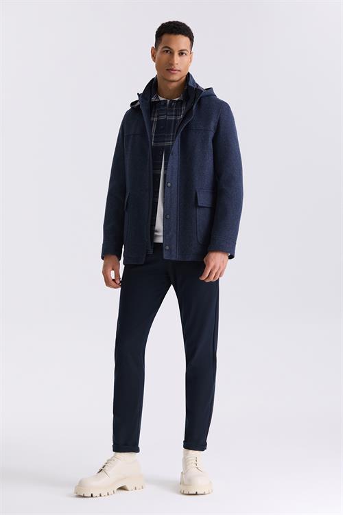 Lacivert Comfort Fit Hakim Yaka Desenli Kapüşonlu Yünlü Spor Kaban