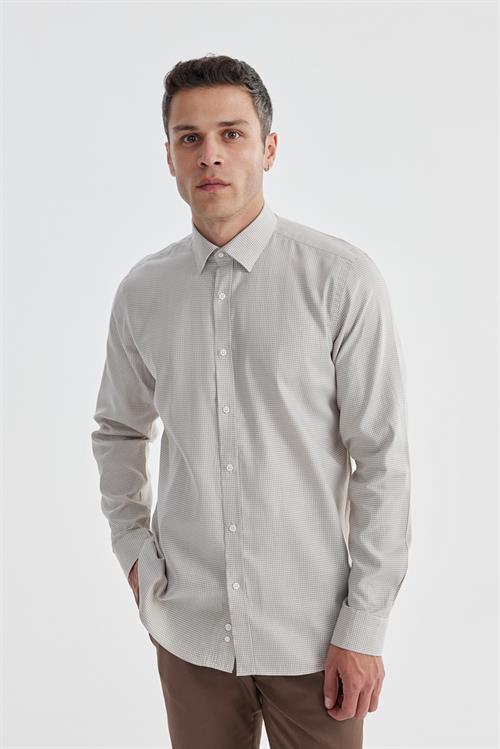 Bej Comfort Fit %100 Pamuk Piti Kare Gömlek