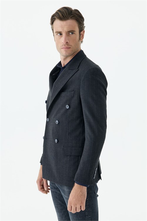 Lacivert Slim Fit Dik Yaka Kruvaze Ceket