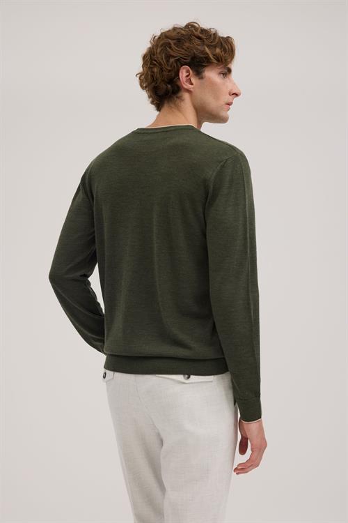 Zümrüt Yeşil Slim Fit Bisiklet Yaka V Tiftikli Yünlü Triko Kazak