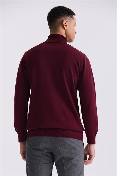 Bordo Slim Fit Tam Balıkçı Yaka Triko Kazak