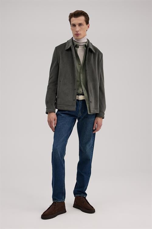 Haki Comfort Fit Klasik Yaka Kadife Mont