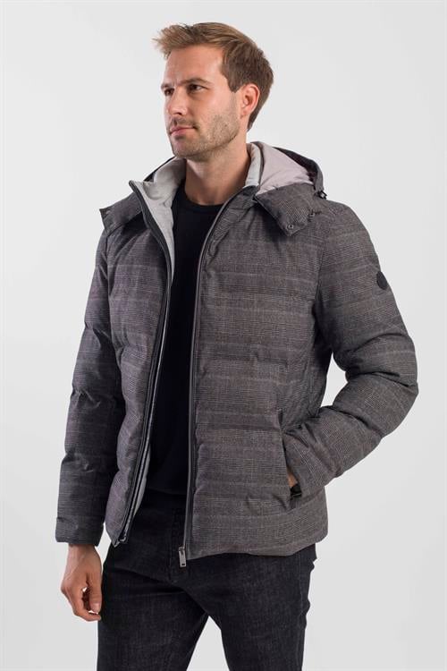 Antrasit Comfort Fit Ekose Kareli Kapüşonlu Mont