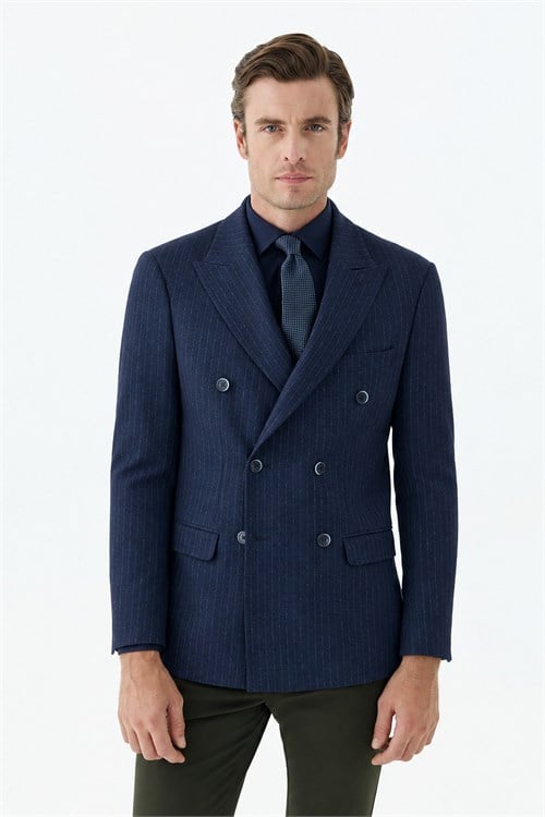 Lacivert Slim Fit Dik Yaka Çizgili Kruvaze Ceket