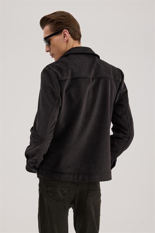 Antrasit Comfort Fit Gömlek Yaka Kadife Mont