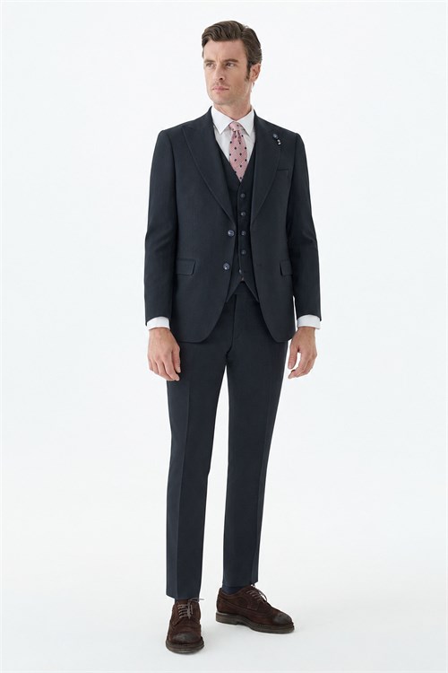 Lacivert Slim Fit Krlangıç Yaka Yelekli Çizgili Takım Elbise