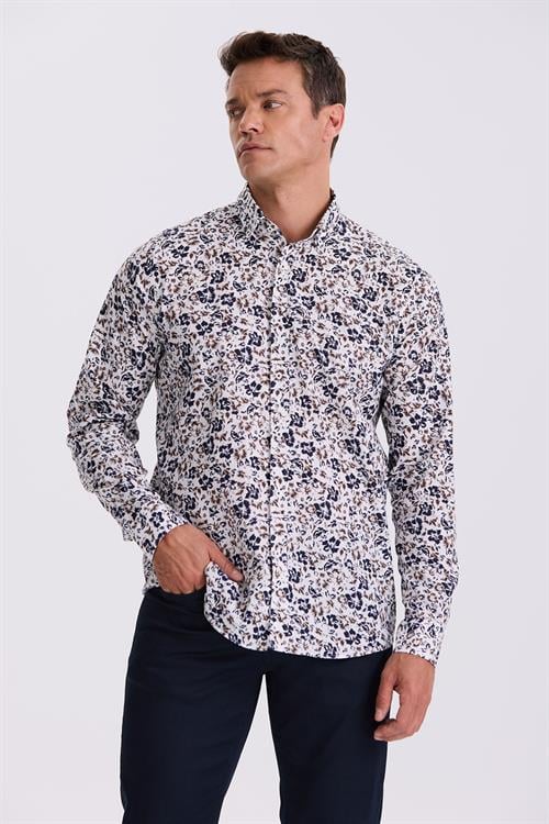 Koyu Lacivert Çiçek Desenli Yaka Düğmeli Comfort Fit Gömlek