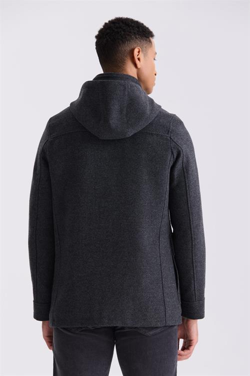 Koyu Lacivert Comfort Fit Hakim Yaka Desenli Kapüşonlu Yünlü Spor Kaban