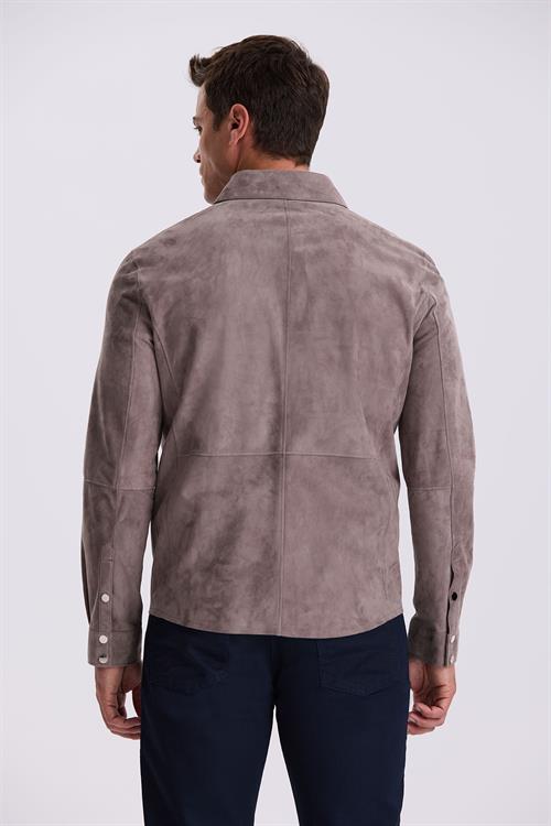 Koyu Gri Comfort Fit Gömlek Yaka Çıtçıtlı %100 Deri Süet Mont