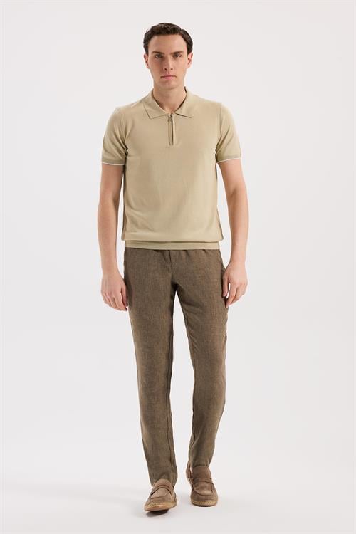 Bej Dar Kalıp - Slim Fit T-Shirt Polo Yaka Fermuarlı