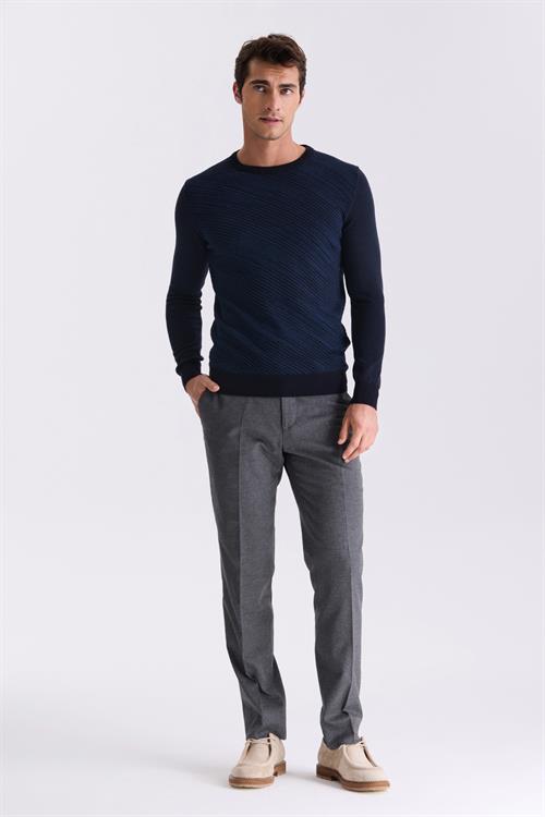 Lacivert Slim Fit Bisiklet Yaka Desenli Triko Kazak