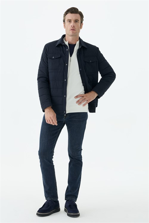 Lacivert Comfort Fit Bebe Yaka Çıt Çıtlı Mont