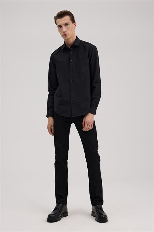Siyah Klasik Fit İtalyan Yaka Uzun Kol Klasik Kravatlık Kolay Ütülenebilir Pamuklu Gömlek