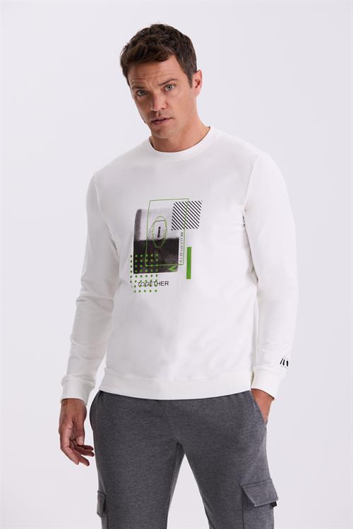 Ekru Slim Fit Baskılı Bisiklet Yaka Dar Kesim Baskılı %100 Pamuk Sweatshirt