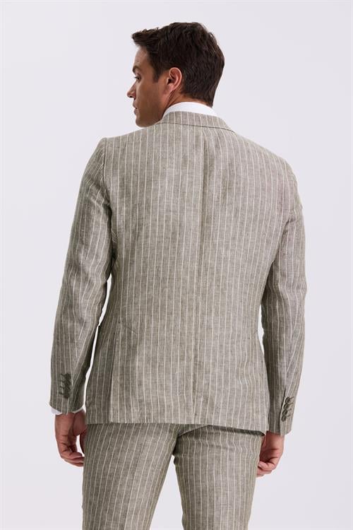 Haki Slim Fit Kırlangıç Yaka Çift Yırtmaçlı %100 Keten Spor Takım Elbise