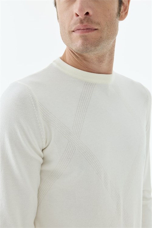 Beyaz Slim Fit Desenli Bisiklet Yaka Triko