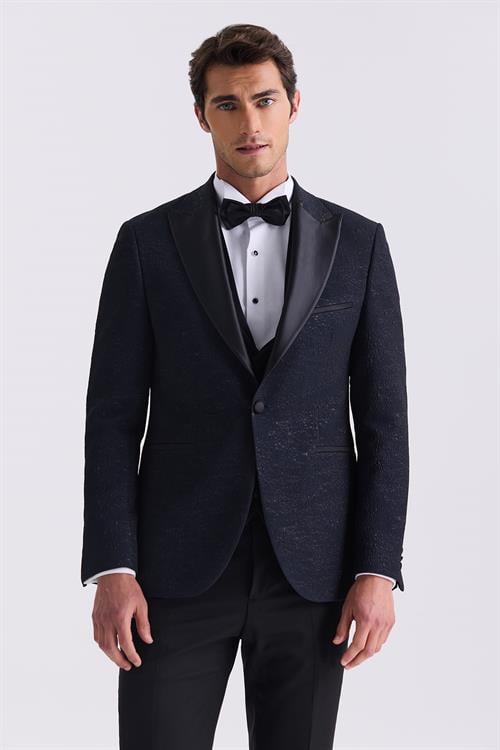 Koyu Lacivert Slim Fit Sivri Yaka Yelekli Smokin Takım Elbise