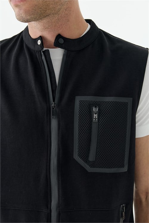 Siyah Slim Fit Cepli Pamuklu Yelek