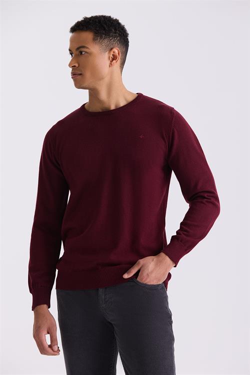 Bordo Slim Fit Bisiklet Yaka Triko Kazak