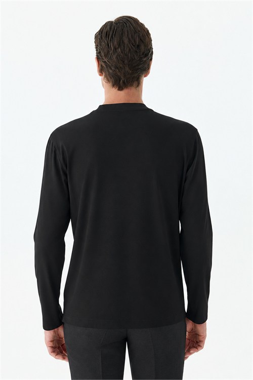 Siyah Comfort Fit Rayon Karışımlı Bisiklet Yaka Sweatshirt