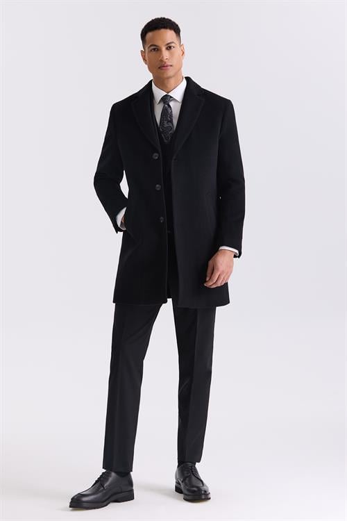 Siyah Comfort Fit Mono Yaka Yan Cep Kaşe Kaban